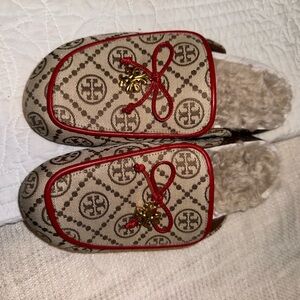 TORY BURCH Beige and Red Patterned MULES NEW